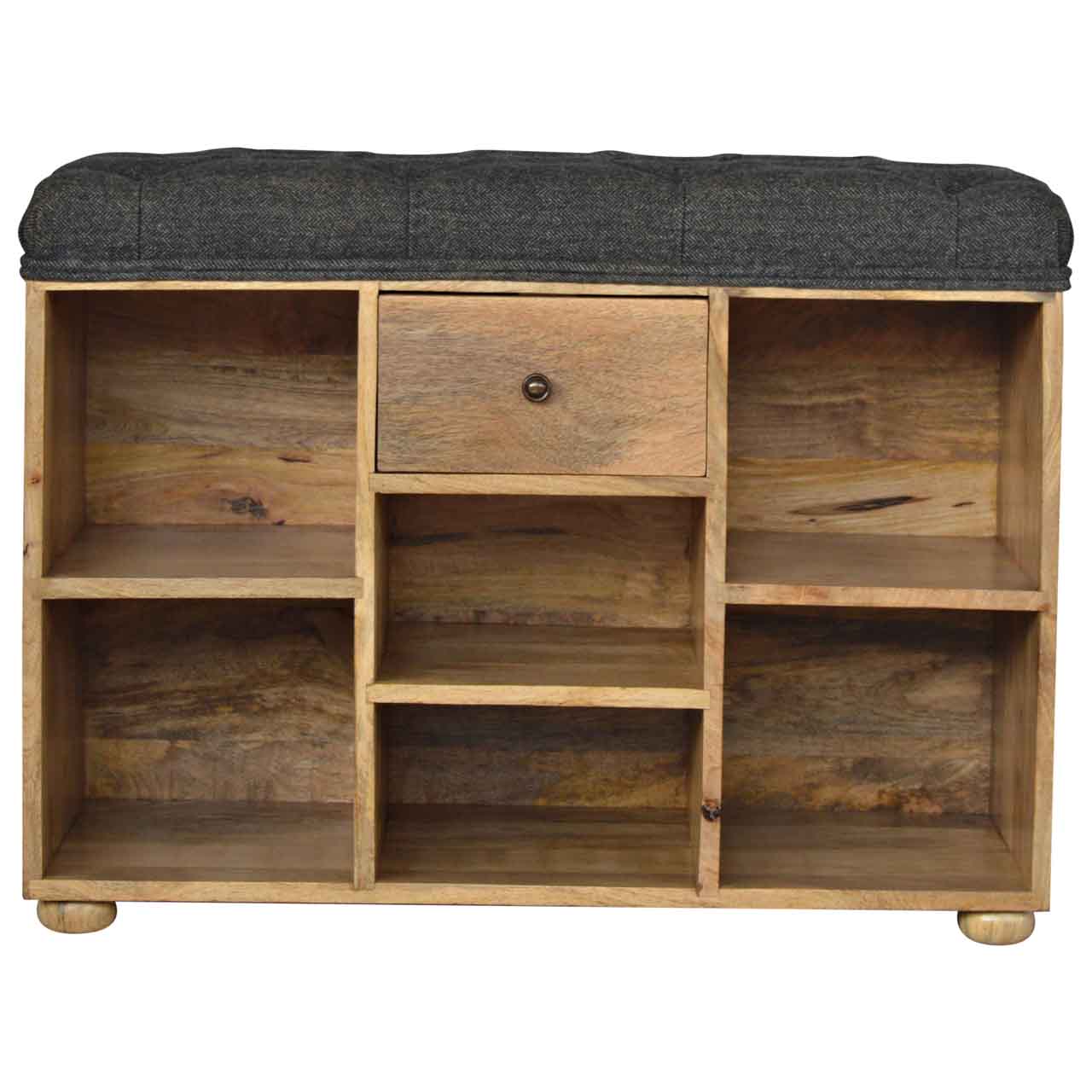 Six-slot shoe storage bench in black tweed