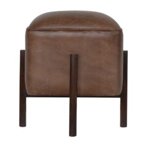 Brown Leather Footstool with Solid Wood Legs