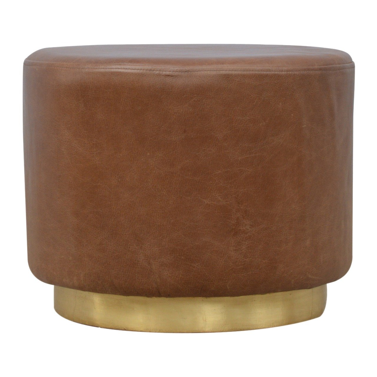 Buffalo Leather Footstool With Gold Base