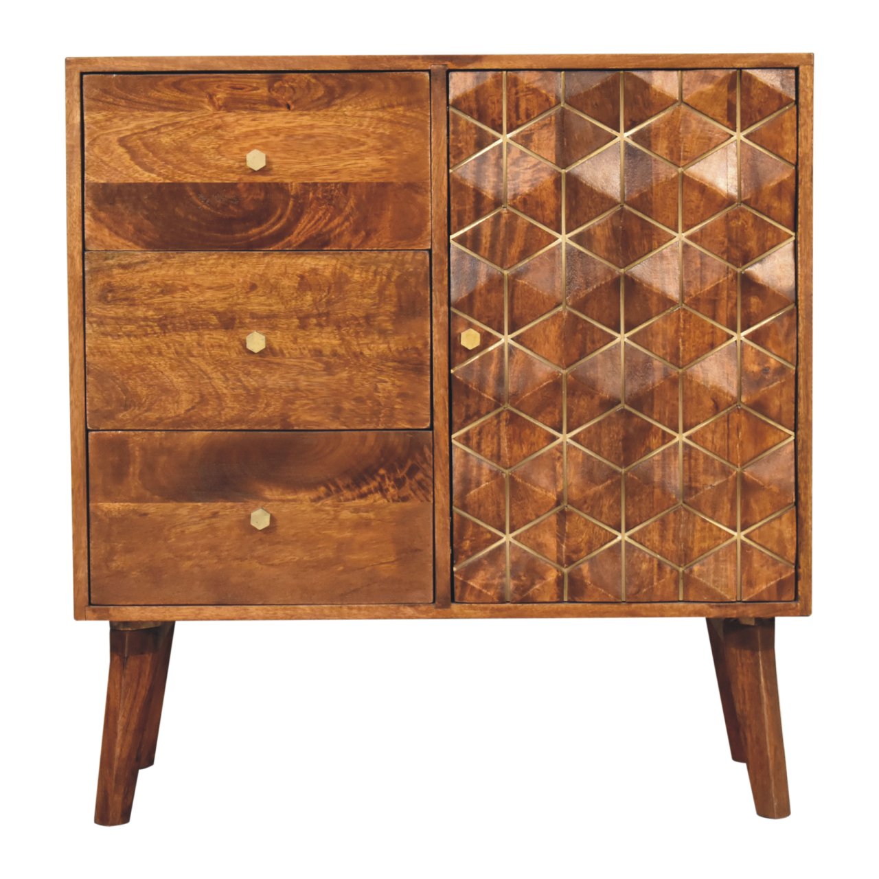 chestnut cabinet with intricate brass detailing