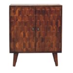 Luxurious chestnut cabinet adorned with pineapple carvings.