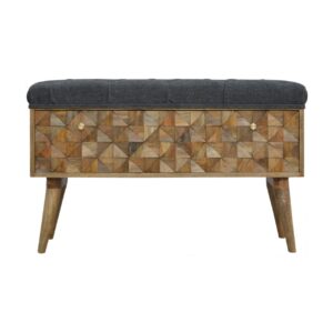 Grey Tweed Storage Bench with Diamond Carving