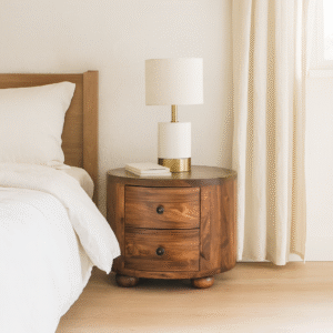 round honey bedside with bun feet