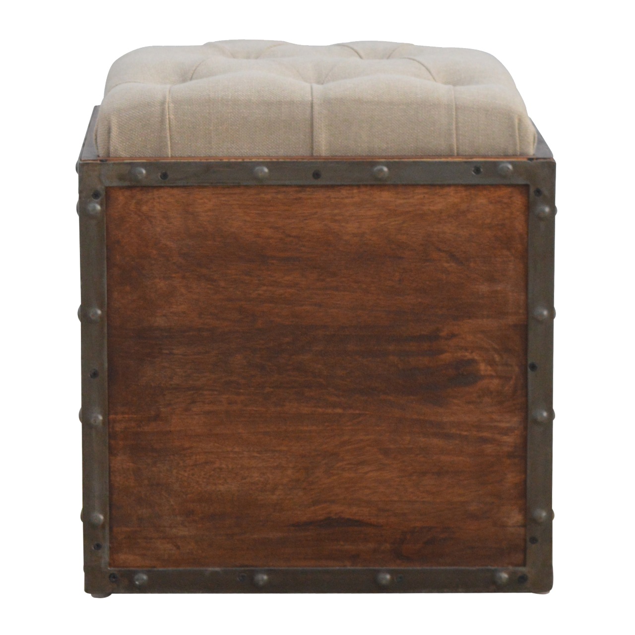 A rustic-style storage box featuring a padded seat
